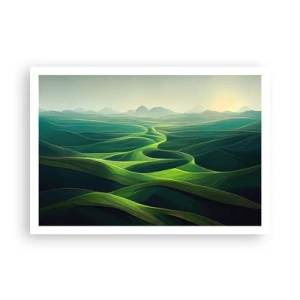 Póster - Colinas verdes con senderos ondulados - 100x70cm - Valles en tonos verdes - Decoración de pared moderna para salón y dormitorio ARTTOR