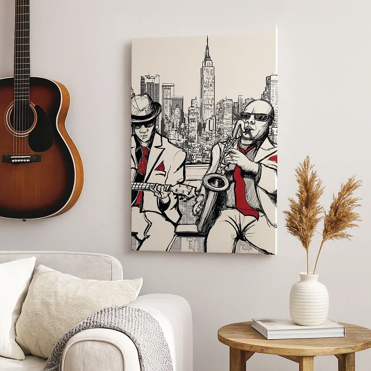 Cuadro sobre lienzo - Impresión de Imagen - Un dúo de jazz con saxofón y guitarra con la ciudad como telón de fondo. - 50x70cm - Improvisación en Nueva York - Decoración de pared moderna para salón y dormitorio ARTTOR