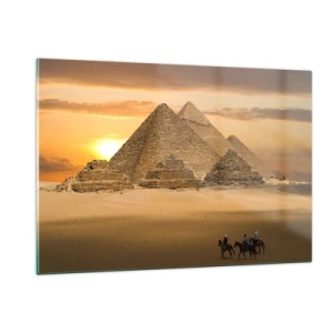 Cuadro sobre vidrio - Impresiones sobre Vidrio - Las pirámides de Giza al atardecer con jinetes a caballo. - 120x80cm - Sin cambios desde hace miles de años - Decoración de pared moderna para salón y dormitorio ARTTOR