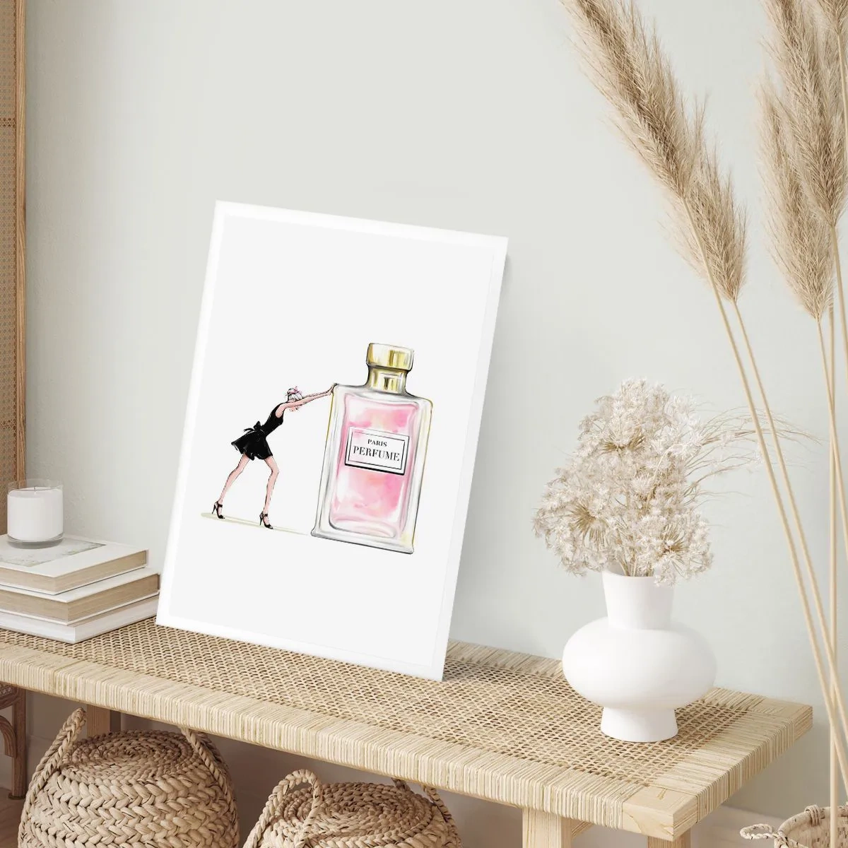 Póster - Ilustración de un frasco de perfume con la silueta de una mujer con un vestido. - 50x70cm - La esencia de la feminidad - Decoración de pared moderna para salón y dormitorio ARTTOR
