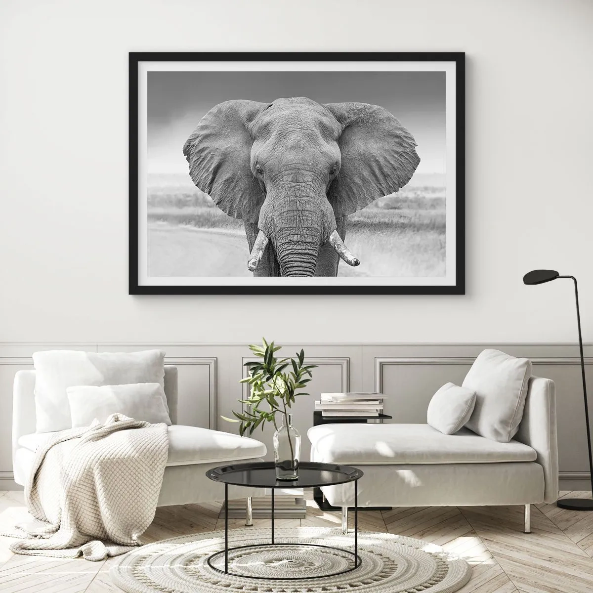 Póster en marco negro - Retrato de un elefante en blanco y negro - 100x70cm - Bienvenido a mi mundo - Decoración de pared moderna para salón y dormitorio ARTTOR