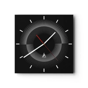 Reloj de pared - Reloj de vidrio - Círculo gráfico con rayos en blanco y negro - 30x30cm - Sol negro - Decoración de pared moderna para salón y dormitorio ARTTOR