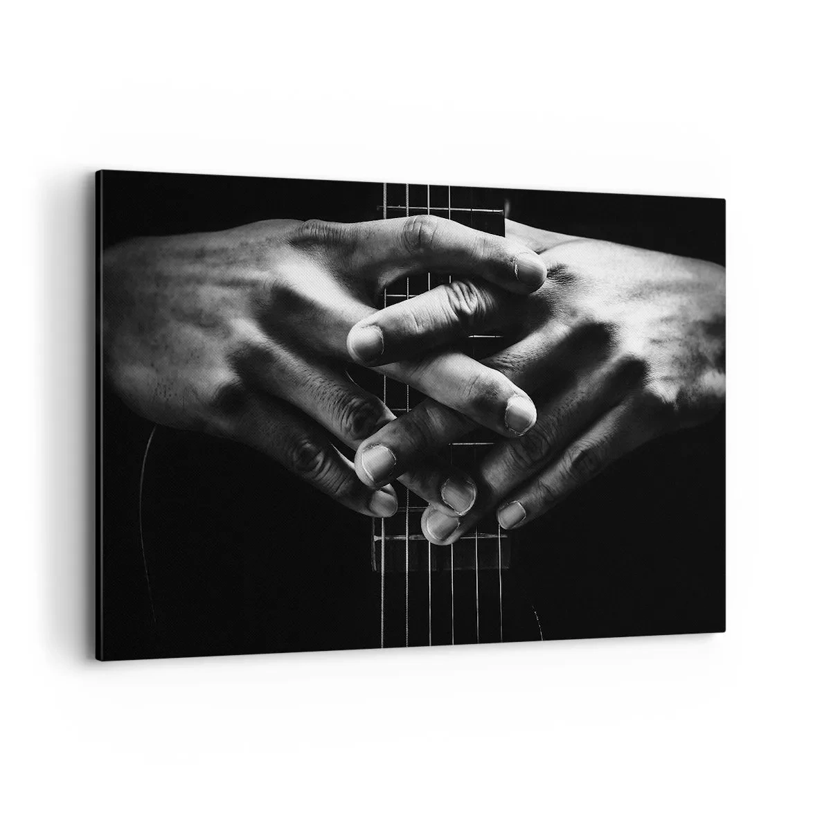 Cuadro sobre lienzo - Impresión de Imagen - Manos unidas sobre una guitarra en un tono monocromático. - 120x80cm - La oración del artista - Decoración de pared moderna para salón y dormitorio ARTTOR