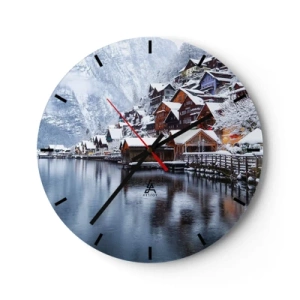 Reloj de pared - Reloj de vidrio - Paisaje invernal de montaña con cabañas junto al lago - 30x30cm - En un decorado de invierno - Decoración de pared moderna para salón, cocina y dormitorio ARTTOR