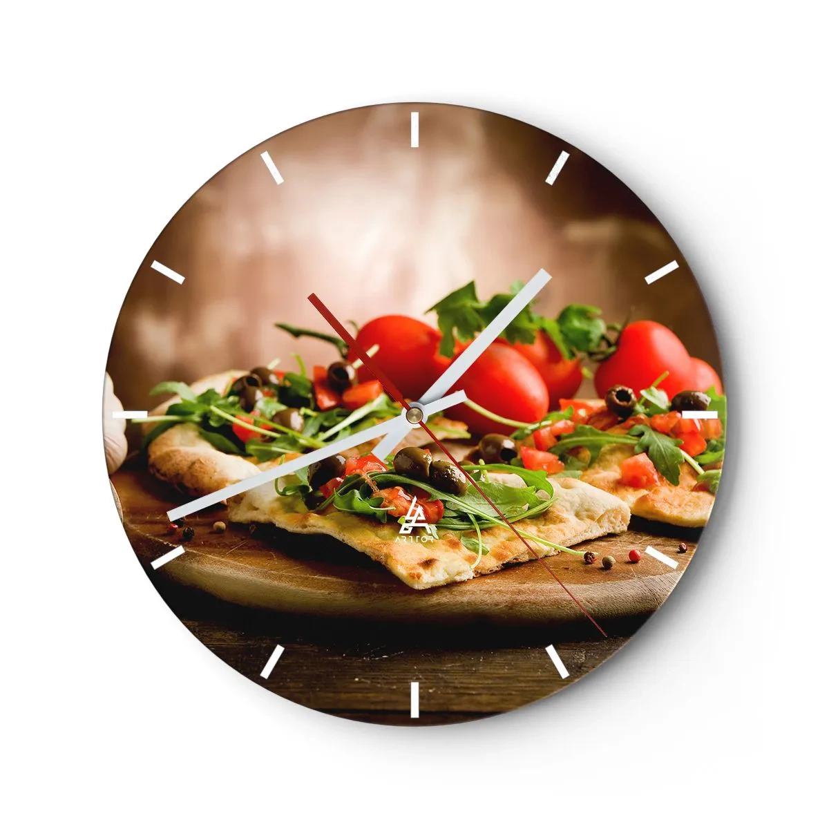 Reloj de pared - Reloj de vidrio - Pizza con rúcula, tomates y aceitunas sobre tabla de madera - 30x30cm - Directamente del horno y del jardín - Decoración de pared moderna para salón, cocina y dormitorio ARTTOR