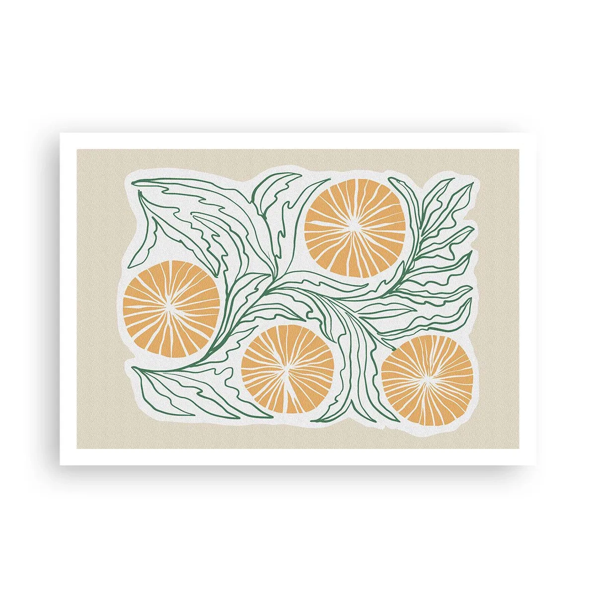 Póster - Un motivo naranja minimalista con hojas verdes. - 100x70cm - Étnico con un toque de abstracción - Decoración de pared moderna para salón y dormitorio ARTTOR