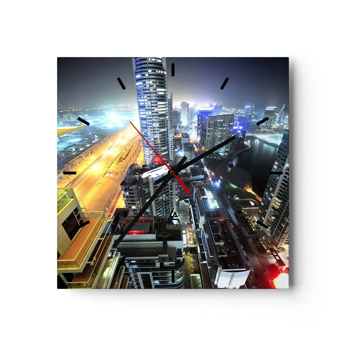 Reloj de pared - Reloj de vidrio - Panorama de la ciudad nocturna con rascacielos iluminados - 30x30cm - Un milagro en el desierto - Decoración de pared moderna para salón y dormitorio ARTTOR