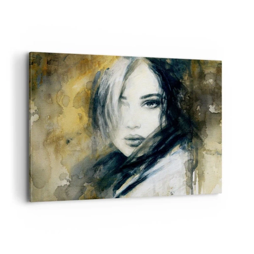 Cuadro sobre lienzo - Impresión de Imagen - Retrato de una mujer sobre un fondo de manchas abstractas en tonos beige. - 100x70cm - Inocente y sensual - Decoración de pared moderna para salón y dormitorio ARTTOR