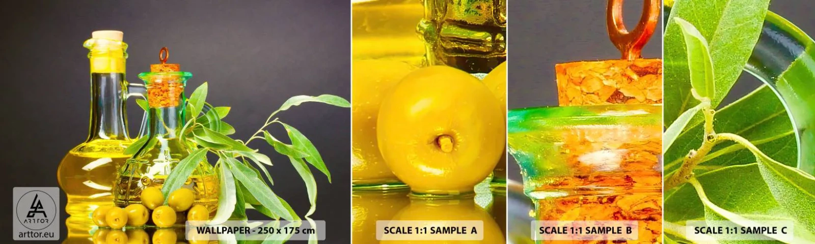 Muestra de fotomural autoadhesivo Deluxe Sticker - Bodegón con aceitunas y aceite - Gastronomía, Aceitunas, Aceite - 100x30 cm