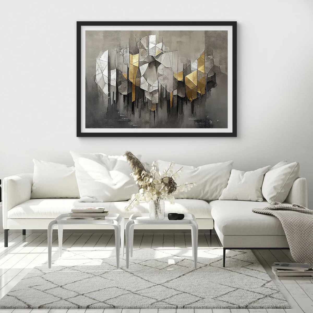 Póster en marco negro - Abstracción geométrica en tonos dorados y grises. - 70x50cm - Composición hecha de hielo y luz - Decoración de pared moderna para salón y dormitorio ARTTOR