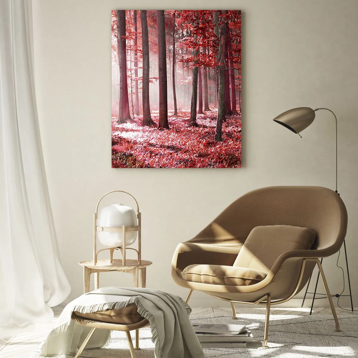 Cuadro sobre vidrio - Impresiones sobre Vidrio - Bosque otoñal en colores rojos y niebla matutina. - 50x70cm - Rojo como el que más - Decoración de pared moderna para salón y dormitorio ARTTOR