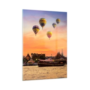 Cuadro sobre vidrio - Impresiones sobre Vidrio - Templo junto al río al atardecer con globos - 50x70cm - Aquí es donde nacen los cuentos de hadas - Decoración de pared moderna para salón y dormitorio ARTTOR