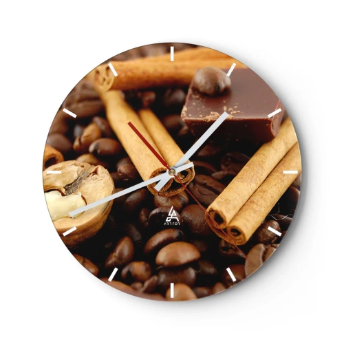 Reloj de pared - Reloj de vidrio - Granos de café, canela y trozos de chocolate. - 30x30cm - Concierto de aromas - Decoración de pared moderna para salón, cocina y dormitorio ARTTOR