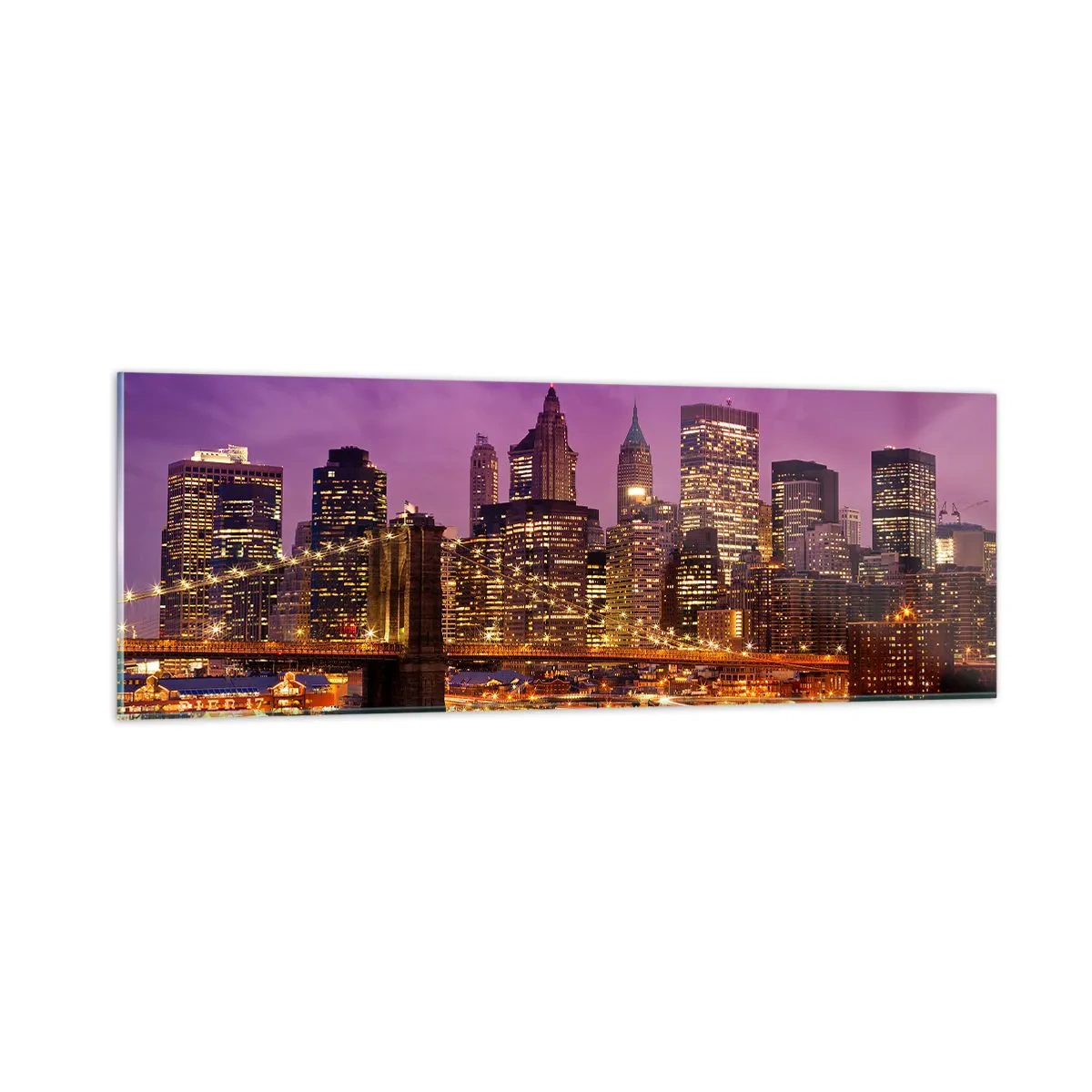 Cuadro sobre vidrio - Impresiones sobre Vidrio - Manhattan púrpura y dorado - 90x30 cm