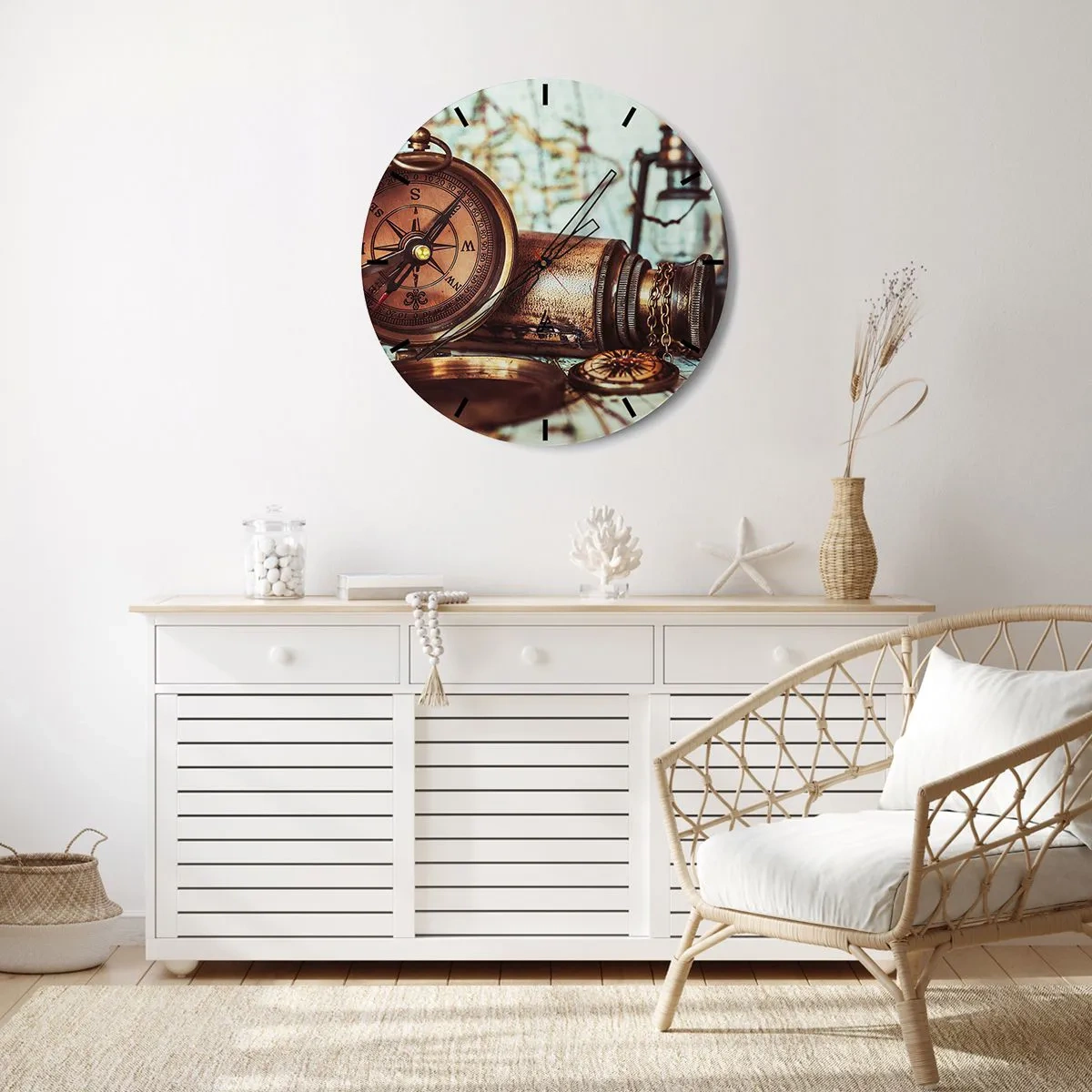 Reloj de pared - Reloj de vidrio - Brújula y telescopio antiguos - 30x30cm - Te espera una aventura pirata en el Caribe - Decoración de pared moderna para salón, cocina y dormitorio ARTTOR