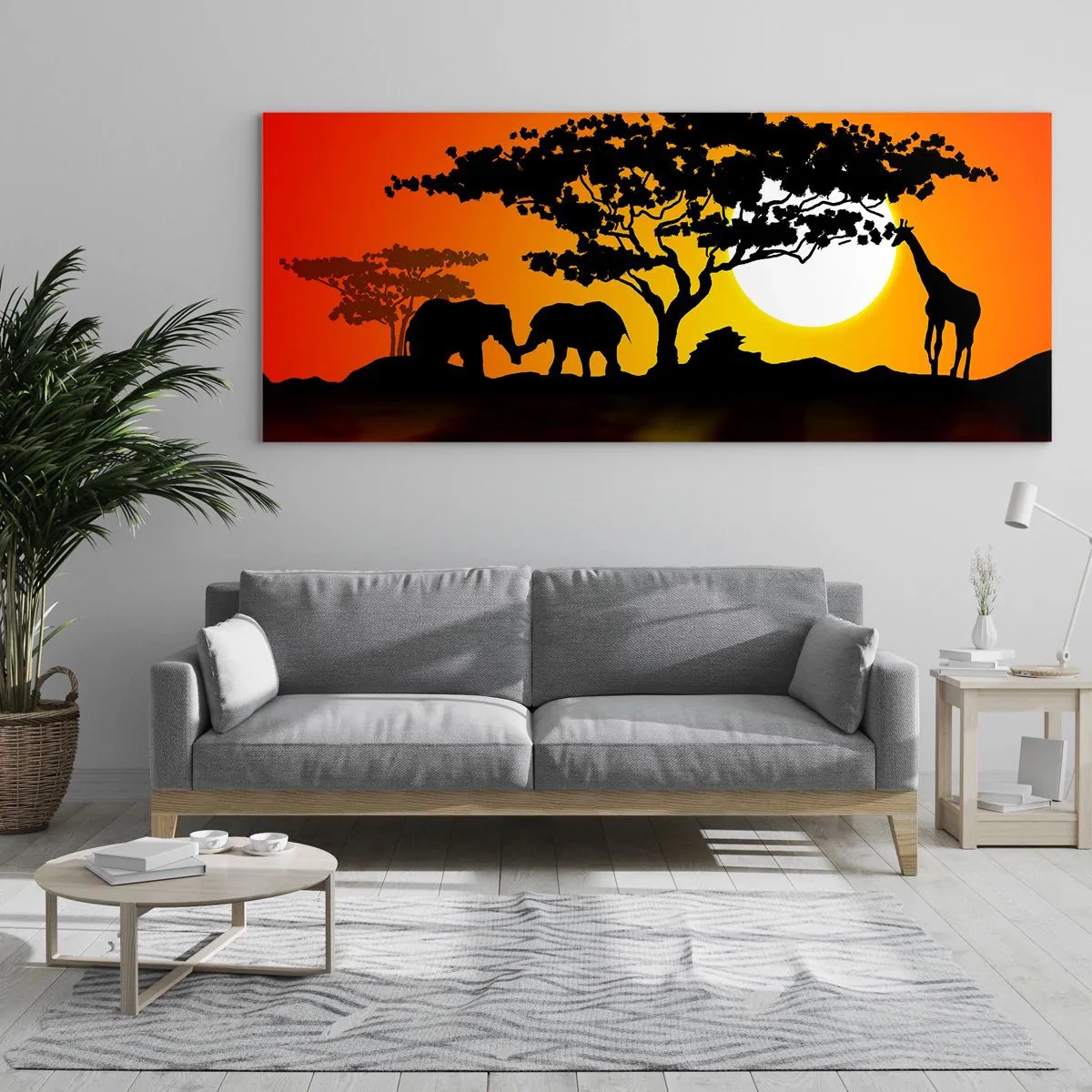 Cuadro sobre vidrio - Impresiones sobre Vidrio - Atardecer africano con siluetas de elefantes y jirafas sobre el agua - 140x50cm - Reunión en la sabana - Decoración de pared moderna para salón y dormitorio ARTTOR