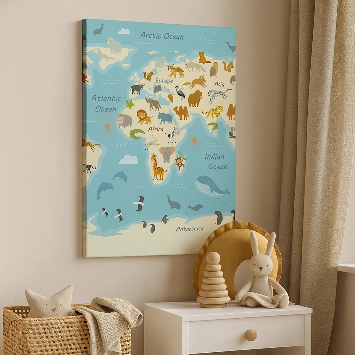 Cuadro sobre lienzo - Impresión de Imagen - Mapa del mundo con ilustraciones de animales - 50x70cm - Buenos vecinos - Decoración de pared moderna para salón y dormitorio ARTTOR