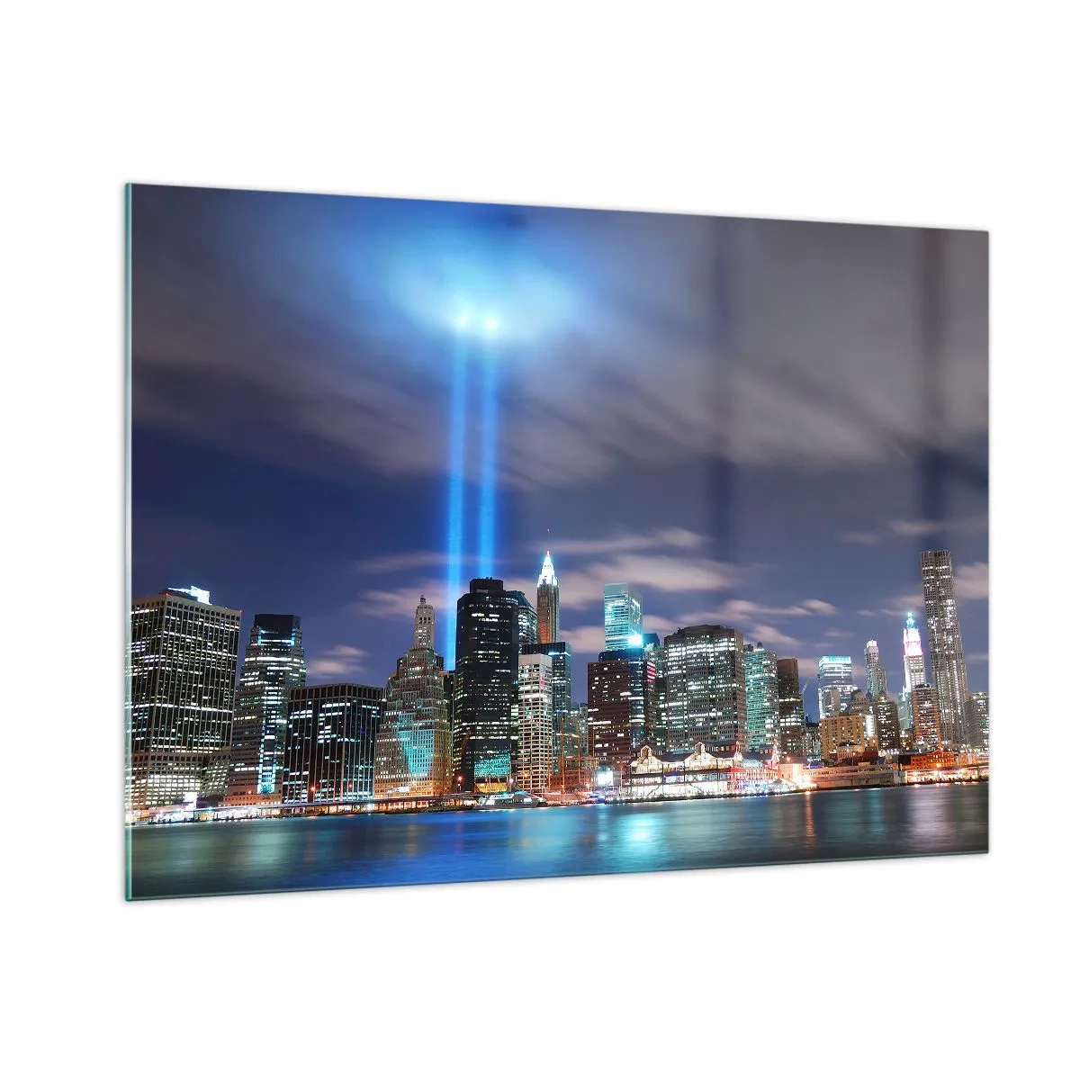 Cuadro sobre vidrio - Impresiones sobre Vidrio - Panorama nocturno de la ciudad con focos. - 100x70cm - Con luz para alcanzar el cielo - Decoración de pared moderna para salón y dormitorio ARTTOR