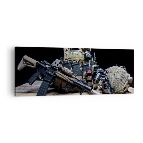 Cuadro sobre lienzo - Impresión de Imagen - Equipo táctico con un rifle sobre una mesa de madera. - 140x50cm - ¡Descansen! - Decoración de pared moderna para salón y dormitorio ARTTOR