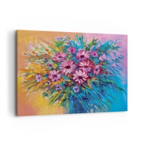 Cuadro sobre lienzo - Impresión de Imagen - Flores de colores en un ramo sobre un fondo de color pastel. - 100x70cm - La energía de la vida - Decoración de pared moderna para salón y dormitorio ARTTOR