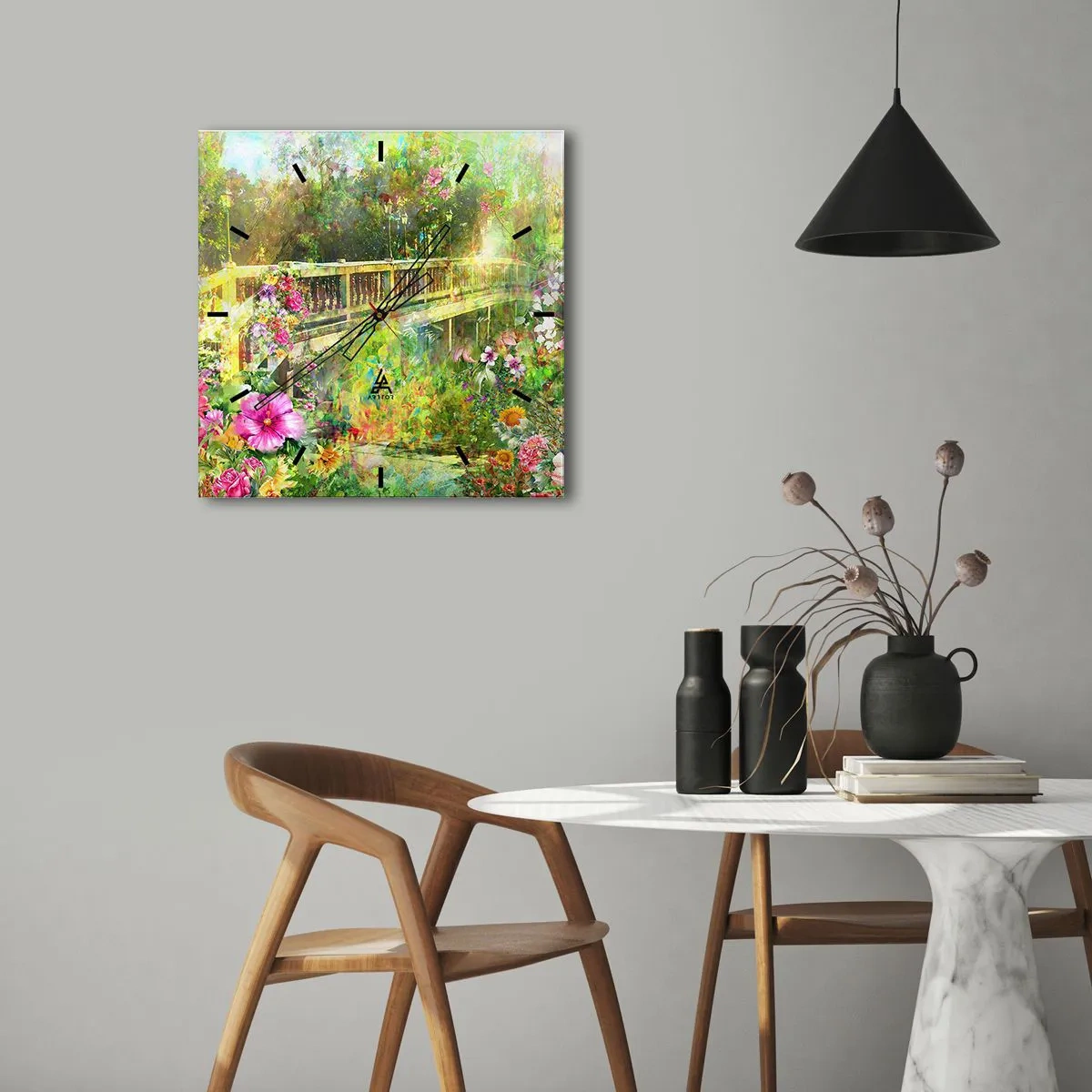 Reloj de pared - Reloj de vidrio - Un puente rodeado de exuberante vegetación y flores. - 30x30cm - Un puente de suspiros de primavera - Decoración de pared moderna para salón y dormitorio ARTTOR