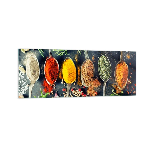 Cuadro sobre vidrio - Impresiones sobre Vidrio - Especias coloridas en cucharas con hierbas en el fondo. - 140x50cm - Magia culinaria - Decoración de pared moderna para salón y dormitorio ARTTOR