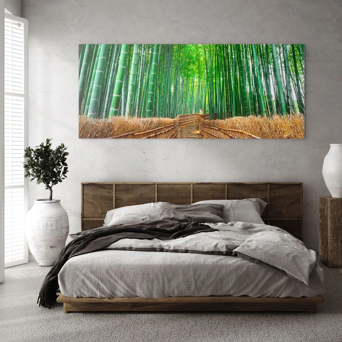 Cuadro sobre vidrio - Impresiones sobre Vidrio - Un camino en un denso bosque de bambú. - 140x50cm - La esencia de la naturaleza asiática - Decoración de pared moderna para salón y dormitorio ARTTOR