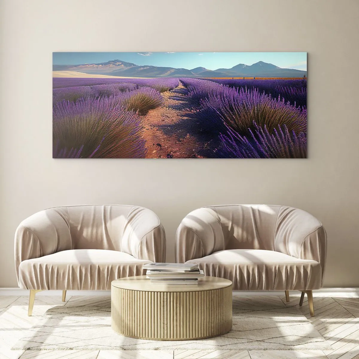 Cuadro sobre vidrio - Impresiones sobre Vidrio - Un campo de lavanda con vistas a las montañas y al cielo azul. - 160x50cm - Campos fragantes - Decoración de pared moderna para salón y dormitorio ARTTOR