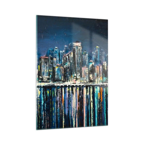 Cuadro sobre vidrio - Impresiones sobre Vidrio - Panorama de la ciudad de noche con las luces reflejadas en el agua. - 50x70cm - Una cascada de luces - Decoración de pared moderna para salón y dormitorio ARTTOR