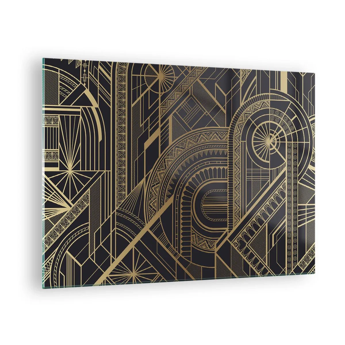 Cuadro sobre vidrio - Impresiones sobre Vidrio - Patrón geométrico Art Déco en dorado y negro - 70x50cm - Conceptos, ideas, planes - Decoración de pared moderna para salón y dormitorio ARTTOR
