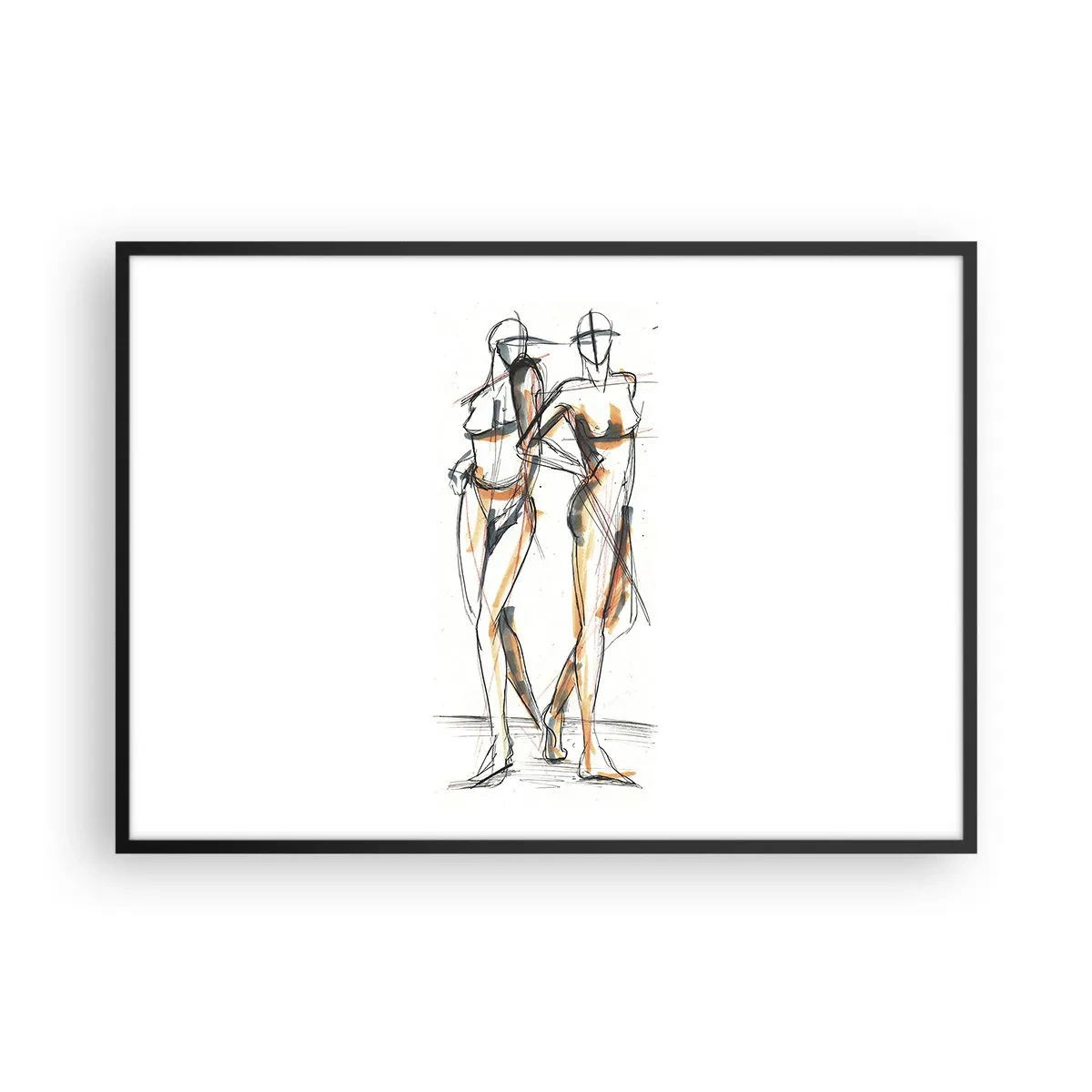 Póster en marco negro - Boceto artístico de dos siluetas sobre un fondo blanco. - 100x70cm - Un estudio sobre el encanto - Decoración de pared moderna para salón y dormitorio ARTTOR