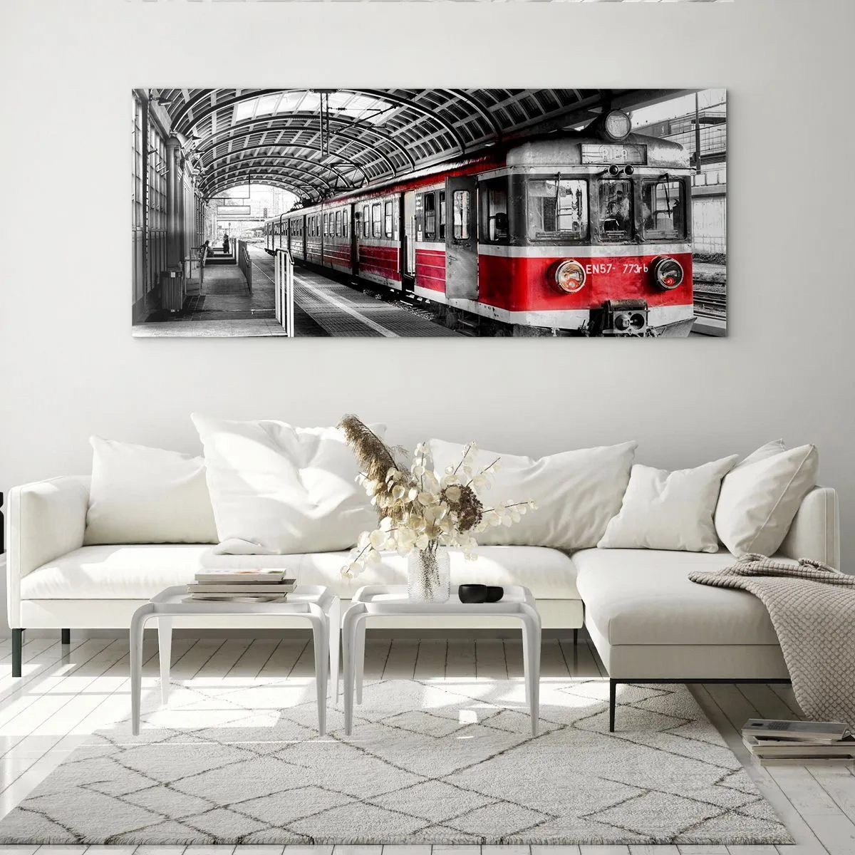Cuadro sobre vidrio - Impresiones sobre Vidrio - Tren rojo en la estación bajo techo. - 160x50cm - ¿El viaje de su vida? - Decoración de pared moderna para salón y dormitorio ARTTOR
