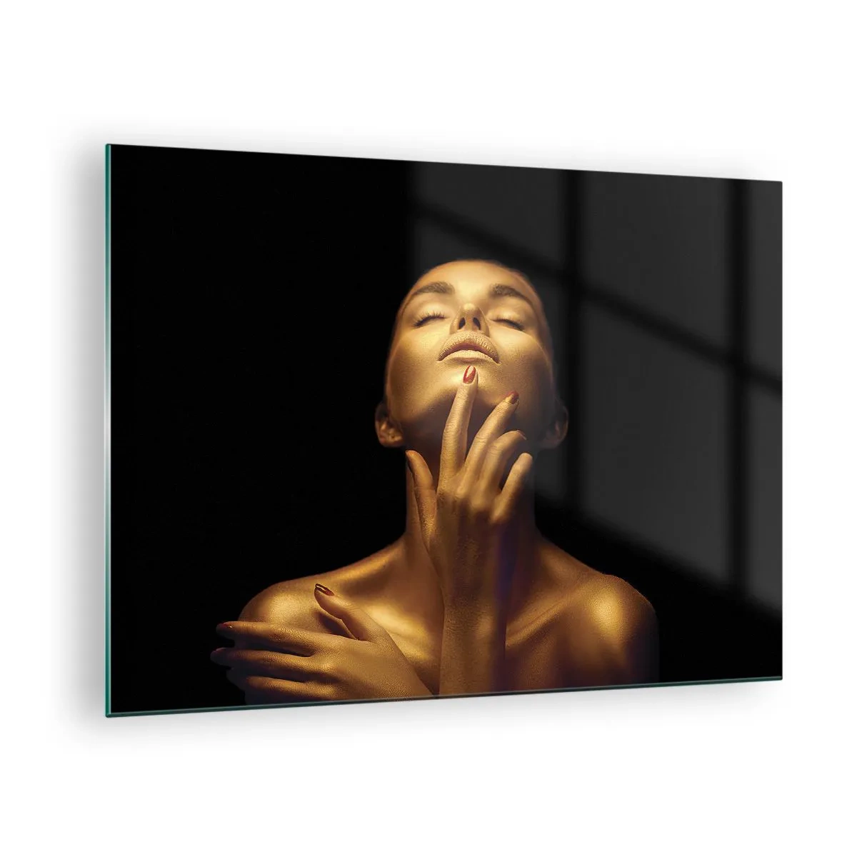 Cuadro sobre vidrio - Impresiones sobre Vidrio - Retrato de una mujer en tonos dorados - 70x50cm - Como seda dorada - Decoración de pared moderna para salón y dormitorio ARTTOR