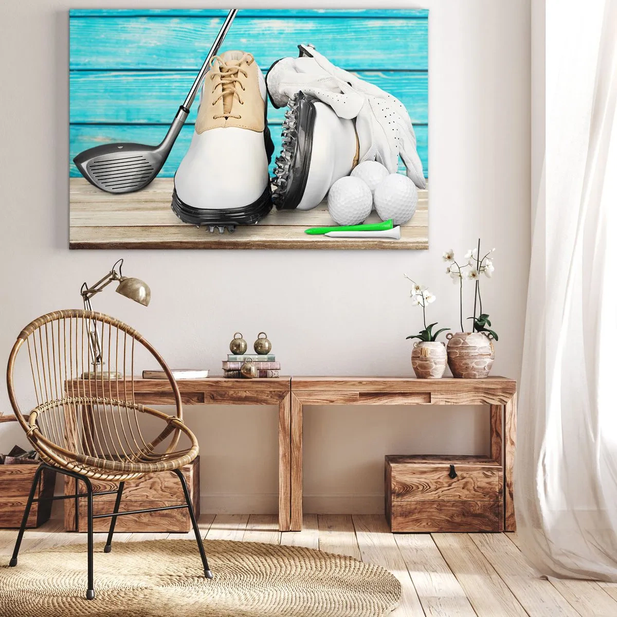 Cuadro sobre lienzo - Impresión de Imagen - Un conjunto de accesorios de golf sobre un fondo de madera. - 120x80cm - Todo listo - Decoración de pared moderna para salón y dormitorio ARTTOR