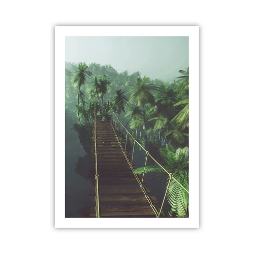 Póster - Un puente colgante en un bosque tropical lleno de palmeras. - 50x70cm - Sobre un mar de verde - Decoración de pared moderna para salón y dormitorio ARTTOR