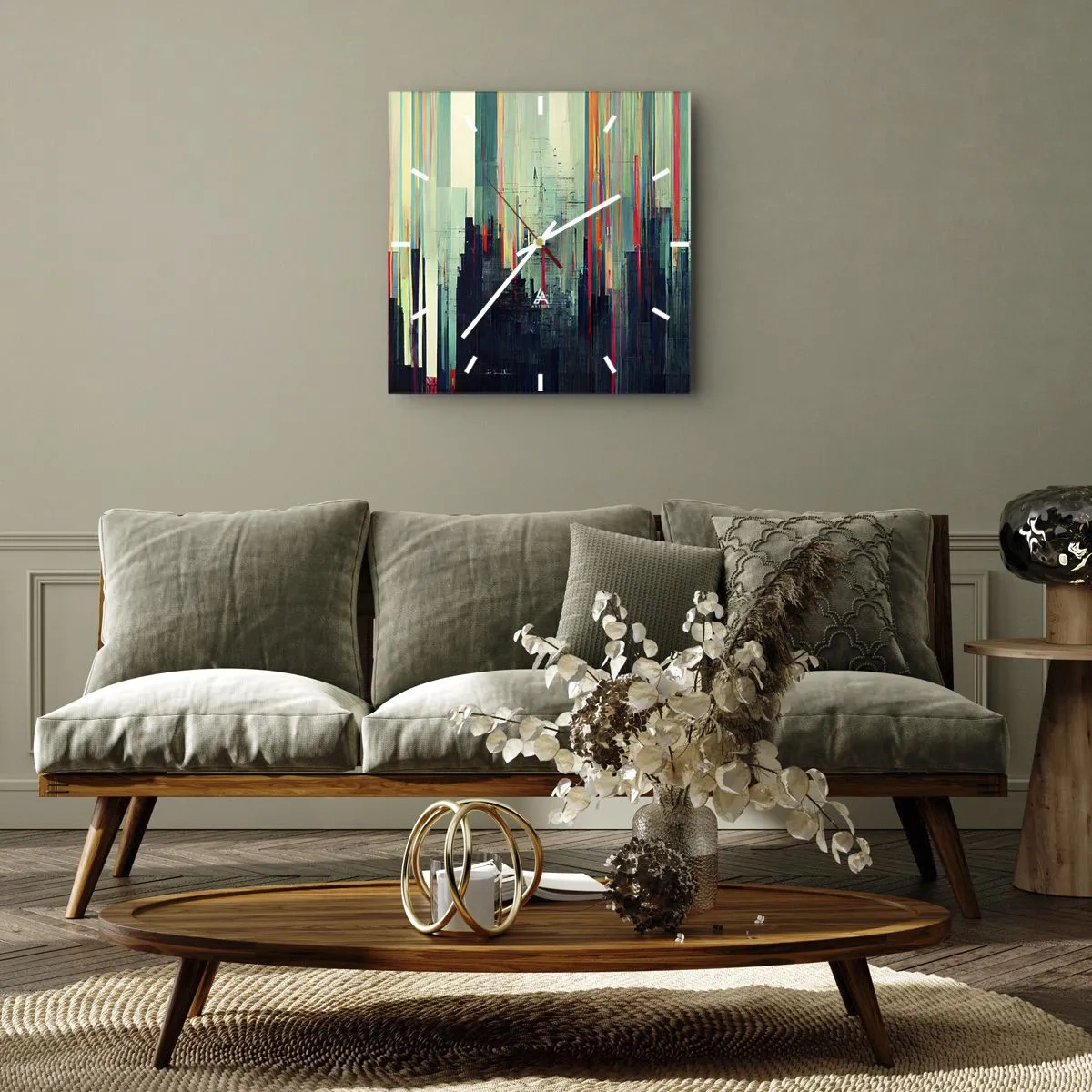 Reloj de pared - Reloj de vidrio - Abstracción con líneas verticales y un horizonte de ciudad. - 30x30cm - Ciudad futurista - Decoración de pared moderna para salón y dormitorio ARTTOR