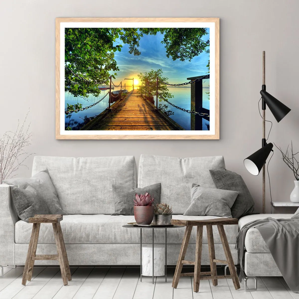 Póster en marco roble claro - Atardecer junto al agua - 70x50 cm