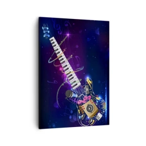 Cuadro sobre lienzo - Impresión de Imagen - Una guitarra colorida con un teclado y un micrófono sobre un fondo oscuro. - 50x70cm - El poder del ritmo - Decoración de pared moderna para salón y dormitorio ARTTOR