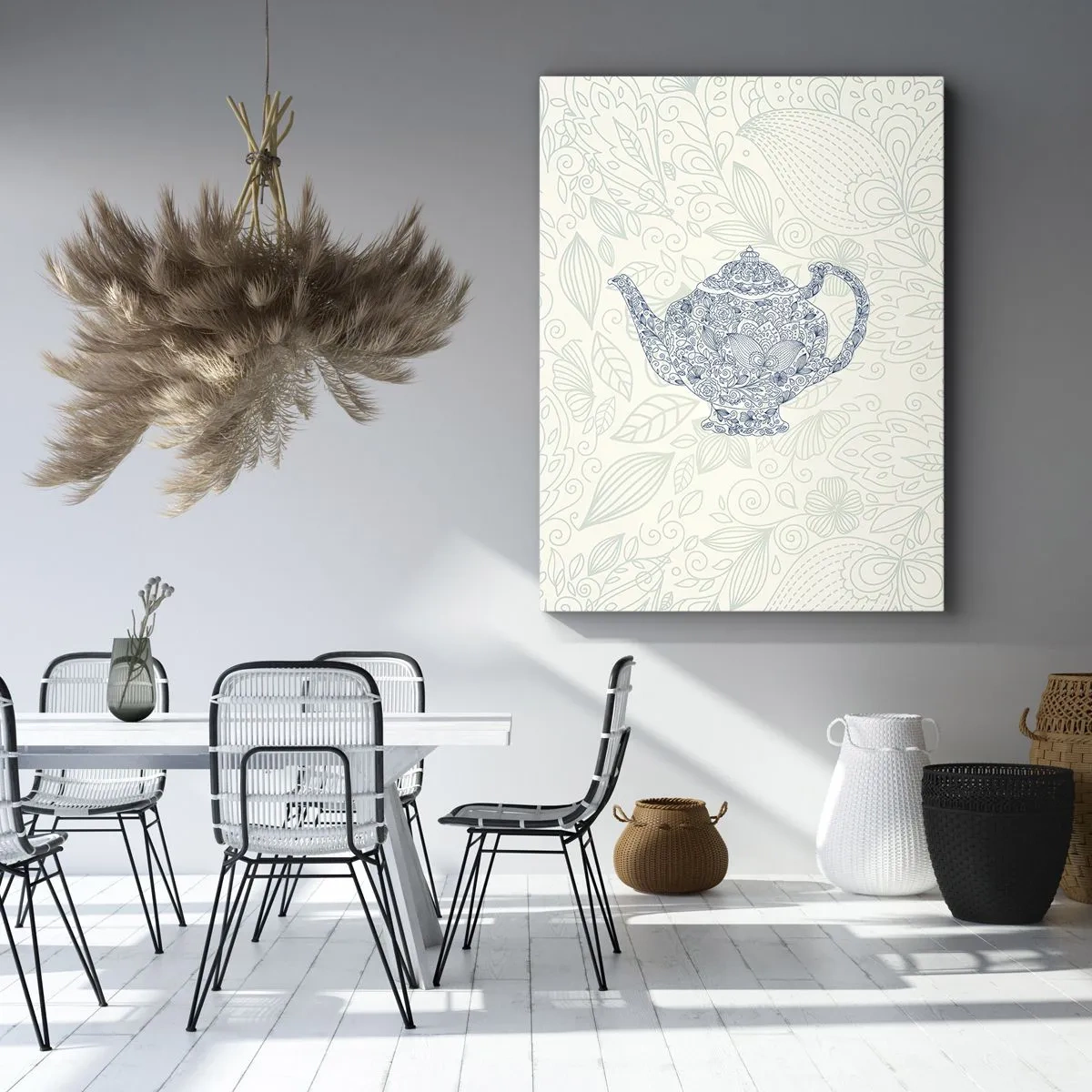 Cuadro sobre lienzo - Impresión de Imagen - Dibujo decorativo de una tetera con adornos azules. - 50x70cm - El encanto del té - Decoración de pared moderna para salón y dormitorio ARTTOR