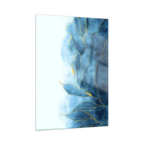 Cuadro sobre vidrio - Impresiones sobre Vidrio - Formas abstractas azules con delicadas líneas doradas. - 50x70cm - Oro y azul - Decoración de pared moderna para salón y dormitorio ARTTOR