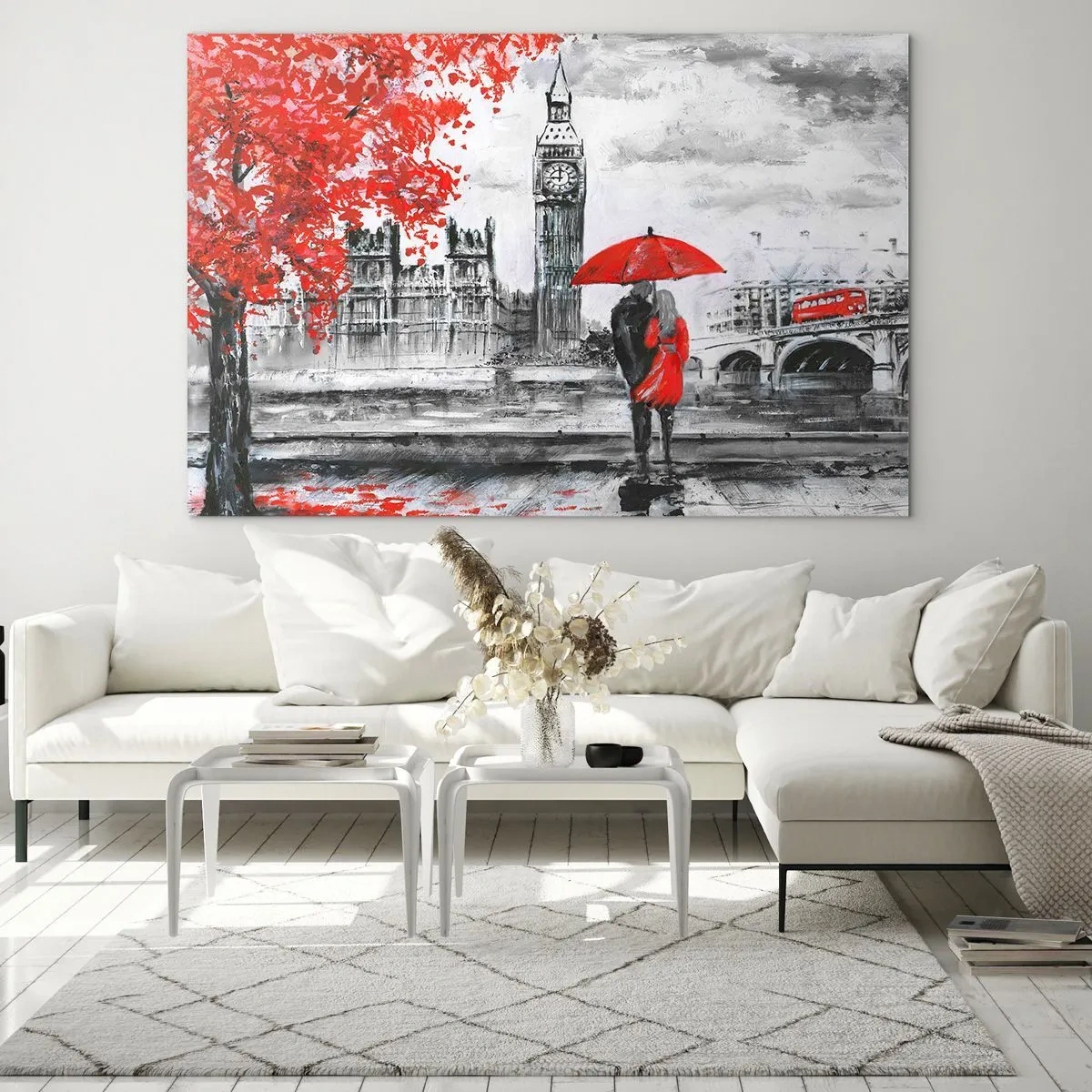 Cuadro sobre vidrio - Impresiones sobre Vidrio - Una pareja bajo un paraguas rojo con el Big Ben y árboles otoñales al fondo. - 100x70cm - Londres enamora - Decoración de pared moderna para salón y dormitorio ARTTOR