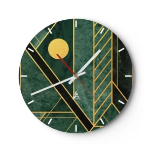 Reloj de pared - Reloj de vidrio - Fondo verde con líneas geométricas doradas y un círculo dorado. - 30x30cm - La dinámica del oro y el azul - Decoración de pared moderna para salón, cocina y dormitorio ARTTOR