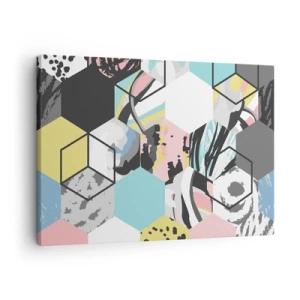 Cuadro sobre lienzo - Impresión de Imagen - Patrón hexagonal geométrico con detalles abstractos coloridos - 70x50cm - Hexágonos y cubos en seis colores - Decoración de pared moderna para salón y dormitorio ARTTOR