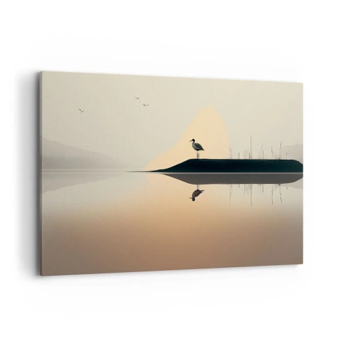 Cuadro sobre lienzo - Impresión de Imagen - Un pájaro en una isla en un lago tranquilo con tonos cálidos. - 100x70cm - Un caballero en el lago - Decoración de pared moderna para salón y dormitorio ARTTOR