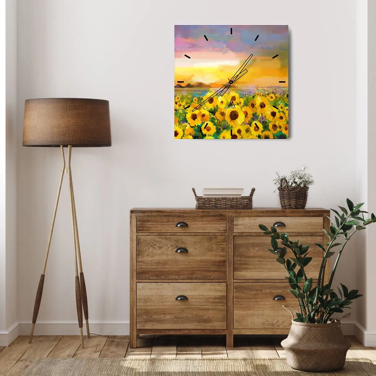 Reloj de pared - Reloj de vidrio - Un campo de girasoles a la luz del sol poniente. - 30x30cm - El propio sol ha bajado a la Tierra - Decoración de pared moderna para salón y dormitorio ARTTOR