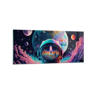 Cuadro sobre vidrio - Impresiones sobre Vidrio - Astronauta en el espacio con un colorido paisaje planetario. - 120x50cm - Sueños de niño - Decoración de pared moderna para salón y dormitorio ARTTOR