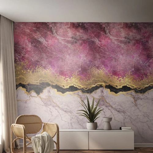 Fotomural Standard Eco - Composición abstracta de mármol y oro con morado. - 100x70cm - En la frontera - Decoración de pared moderna para salón y dormitorio ARTTOR