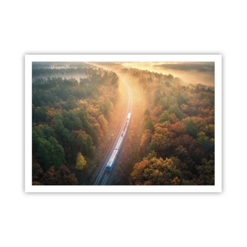 Póster - Un tren en un bosque otoñal al amanecer. - 100x70cm - Un viaje otoñal - Decoración de pared moderna para salón y dormitorio ARTTOR
