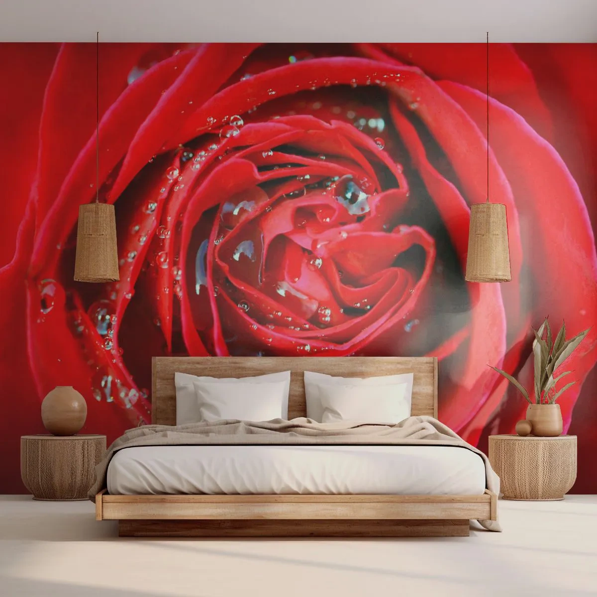 Fotomural Premium Canvas - En gotas de rocío - flores, Rosa roja, Amar - 250x175 cm