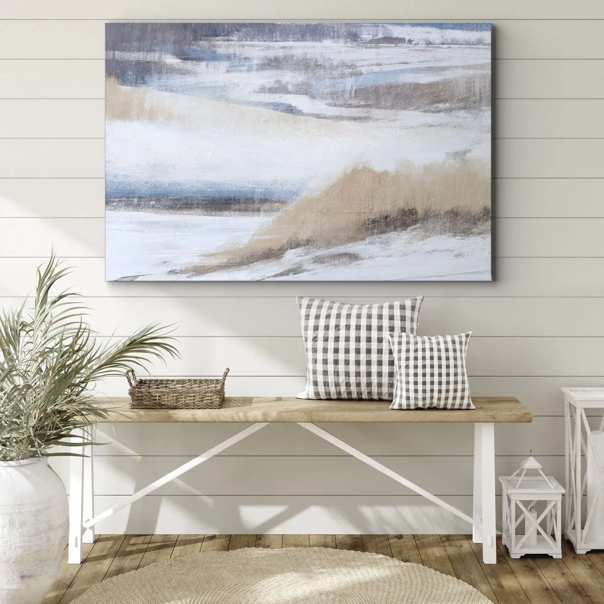 Cuadro sobre lienzo - Impresión de Imagen - Paisaje invernal abstracto en tonos blancos y azules. - 70x50cm - Composición invernal - Decoración de pared moderna para salón y dormitorio ARTTOR